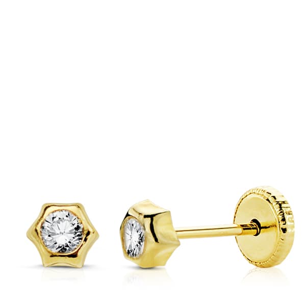 18K Yellow Gold Sun Zirconia Earrings 4 mm screw