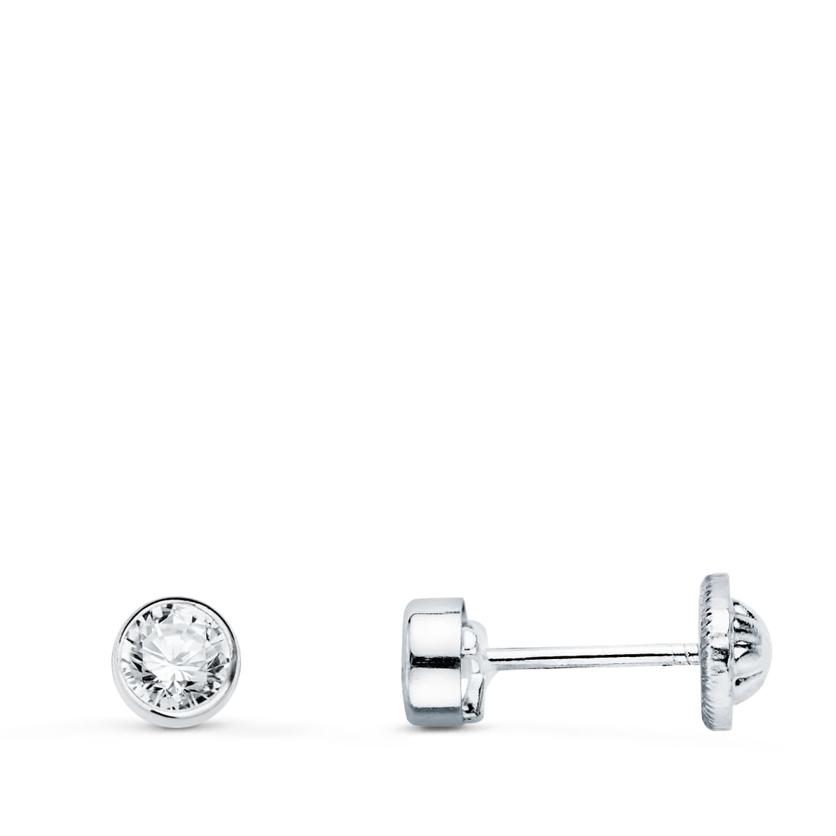 18K Pendientes Oro Blanco Redondos Bocel Con Circonita 4 mm Cierre Tuerca