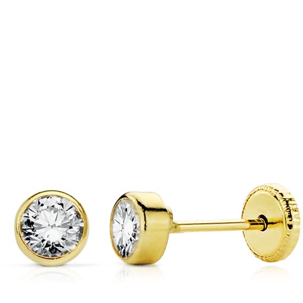 18K Yellow Gold Earrings Round Zirconia 4mm Nut