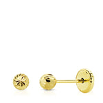 18K Yellow Gold Earrings Carved Ball 4 mm Thread