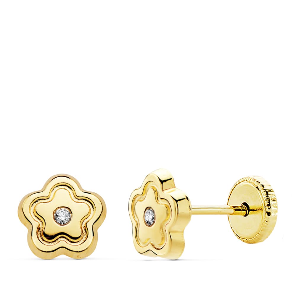 18K Yellow Gold Flower Zirconia Earrings 6X6 mm