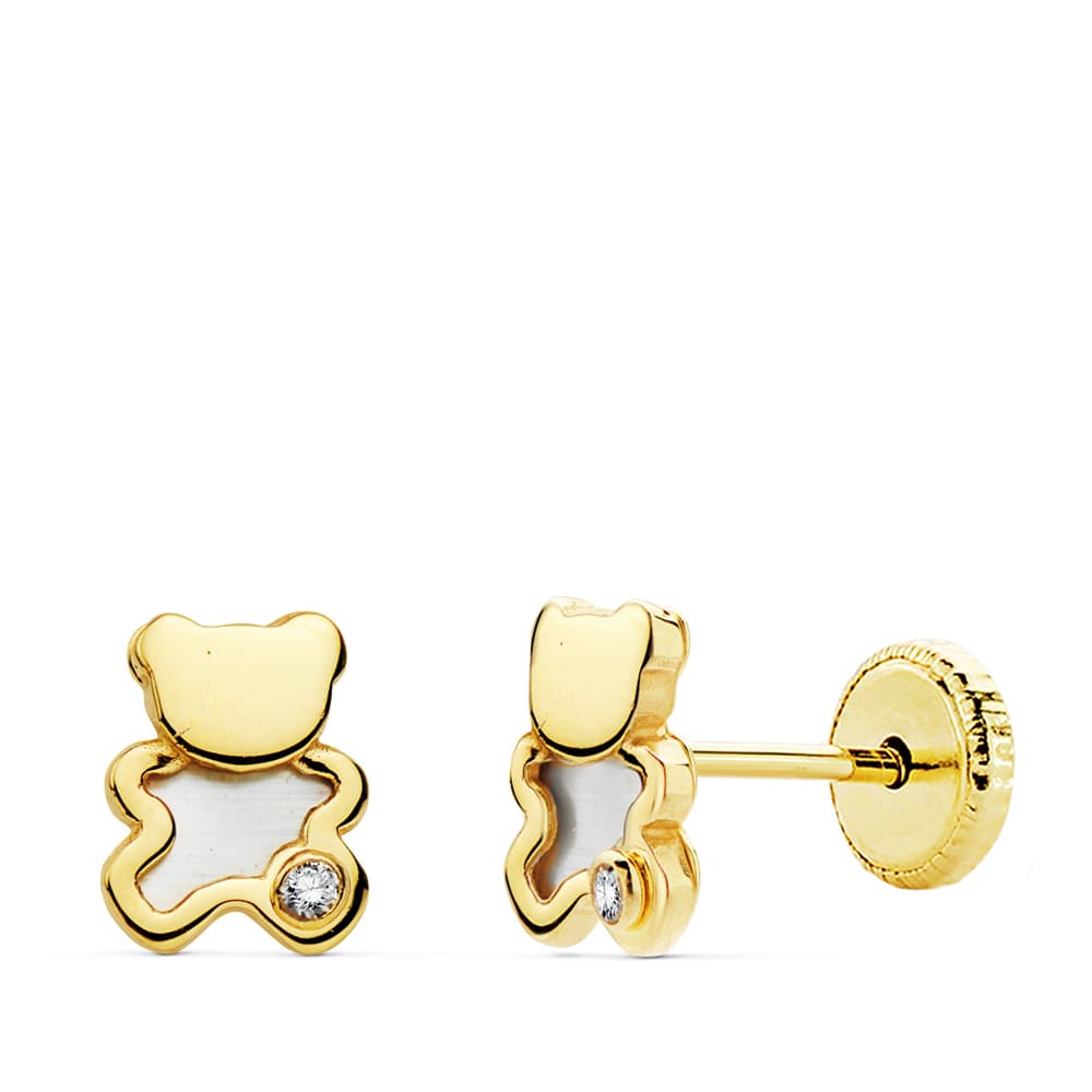18K Yellow Gold Bear Mother-of-Pearl Earrings 6.5X5 mm