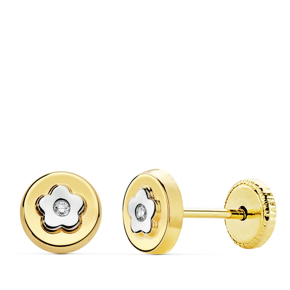 18K Round Bicolor Gold Earrings 6 mm