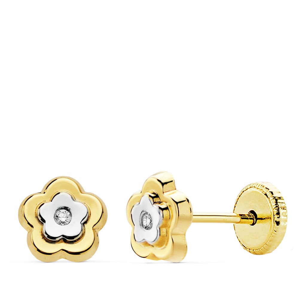 18K Earrings Flower Bicolor Gold 6X6 mm