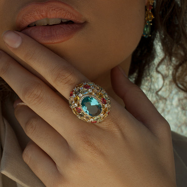 Ring with colored stones in bright tones