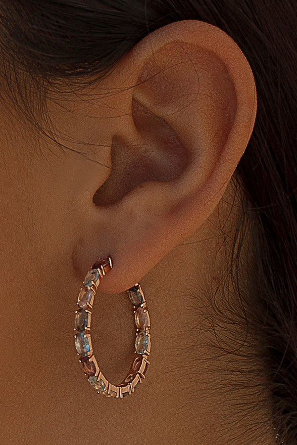 Hoop earrings with oval cut stones multicolor design