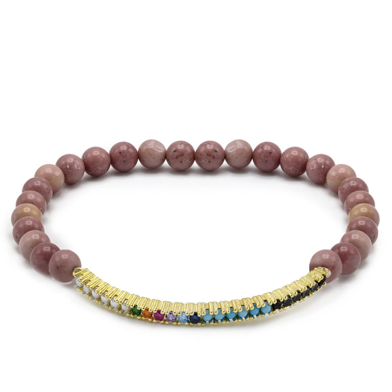 Pulseras de bolas en tonos rojizos con cenefa compuesta por perlas  circonitas y bolas pequeñas