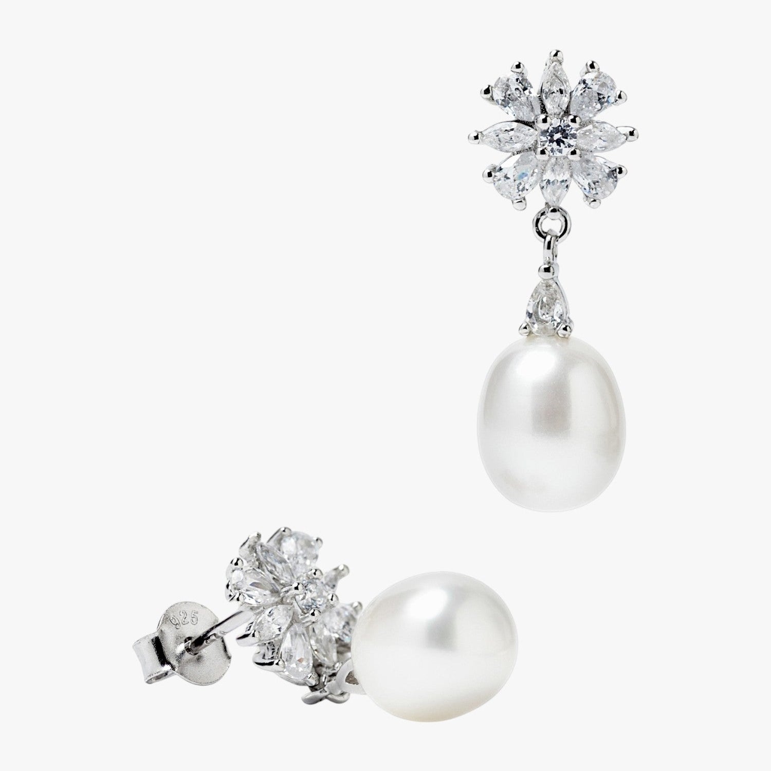Pendientes de plata con flor de circonitas y perla natural barroca