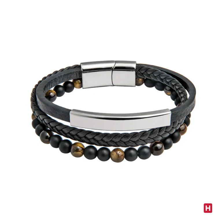Men's Triple Steel Bracelet, Black Leather and Alternating Natural Stones