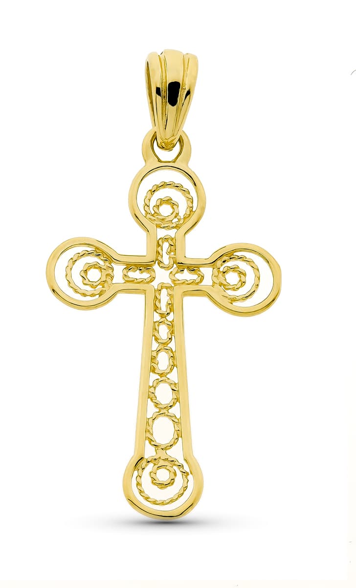 18K Yellow Gold Filigree Cross 37x22 mm