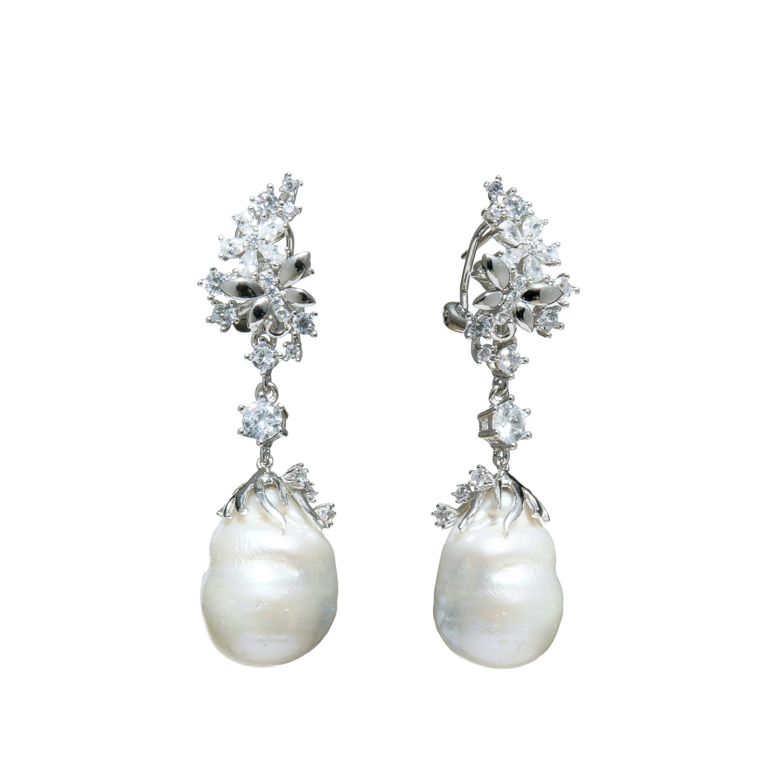 Long Pearl Earrings Silver Elegant Design with Zirconia