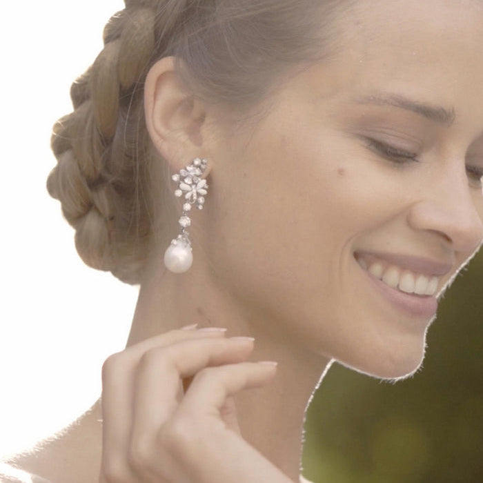 Long Pearl Earrings Silver Elegant Design with Zirconia