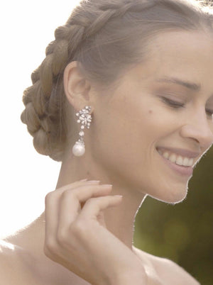 Long Pearl Earrings Silver Elegant Design with Zirconia