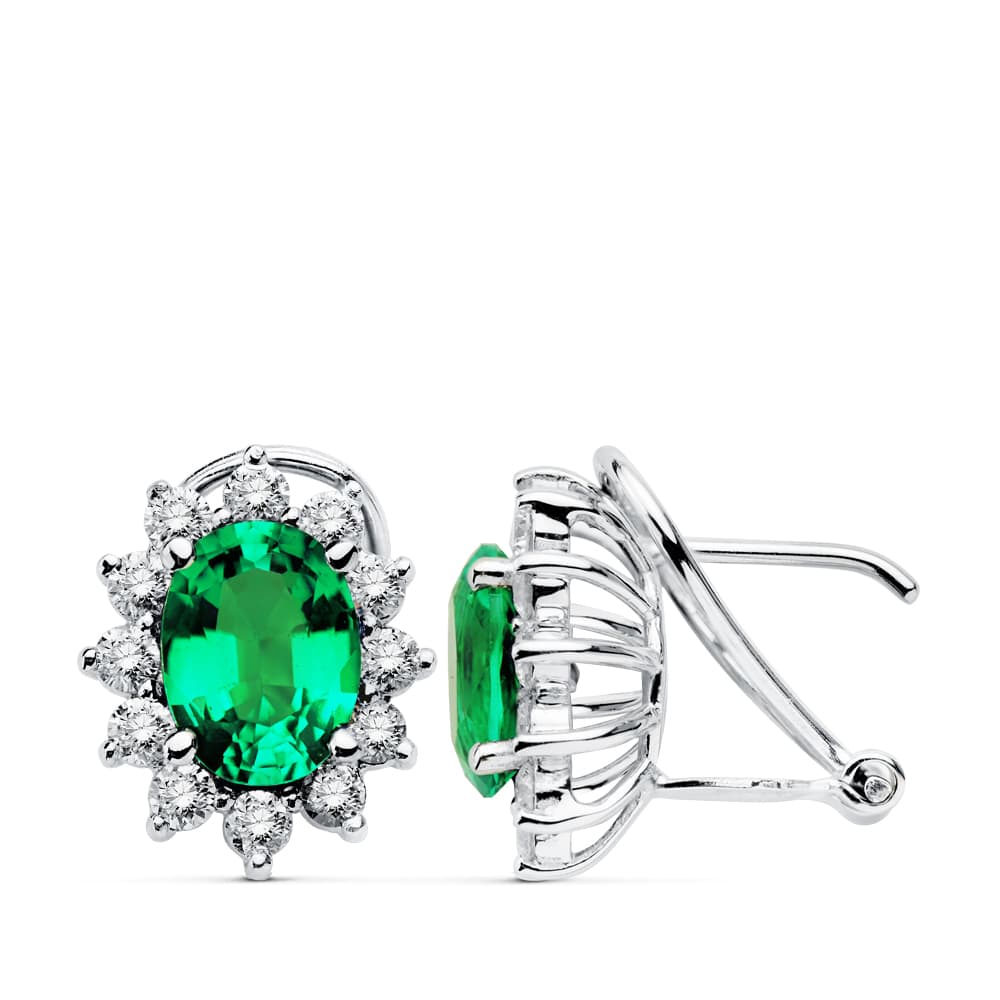 18K Earrings White Gold Diamonds Brilliant 0.80 Cts Emerald 2.20 Cts