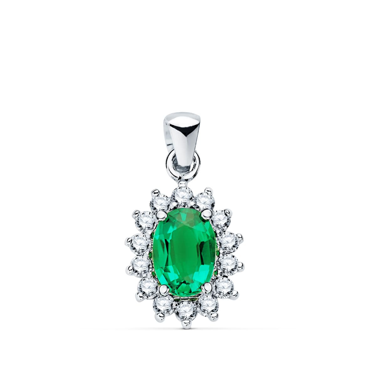 18K White Gold Pendant Emerald 1.10 Ct. 14 Diamonds 0.42 Cts. Si-H. 11x9 mm
