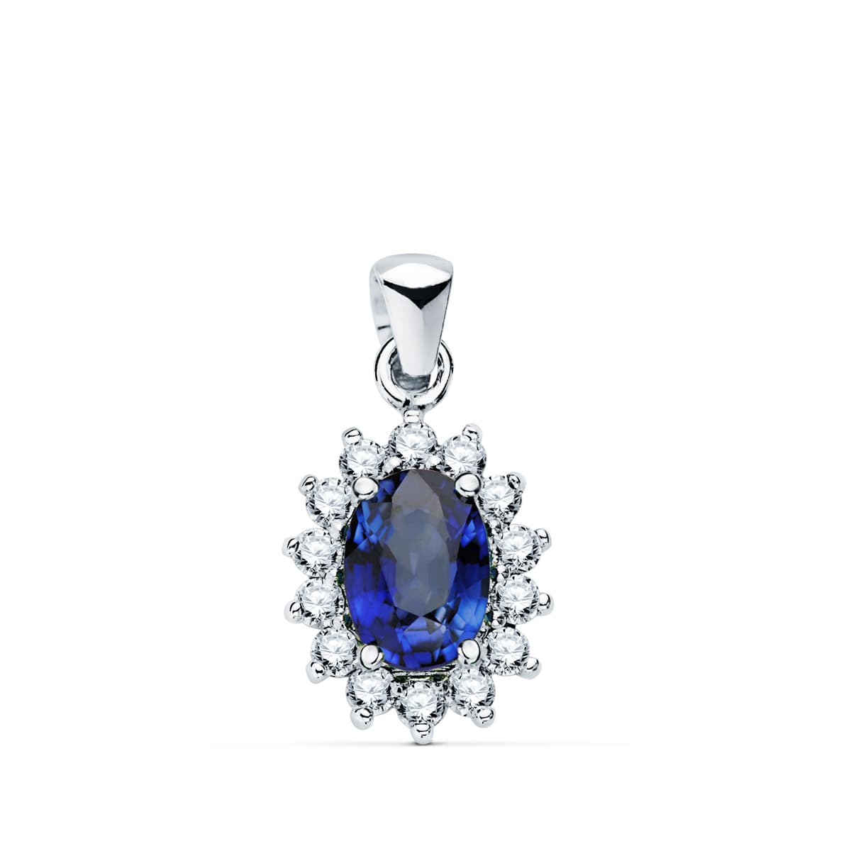 18K Pendant White Gold Sapphire 1.63 Ct. 14 Diamonds 0.42 Cts. Si-H. 11x9 mm