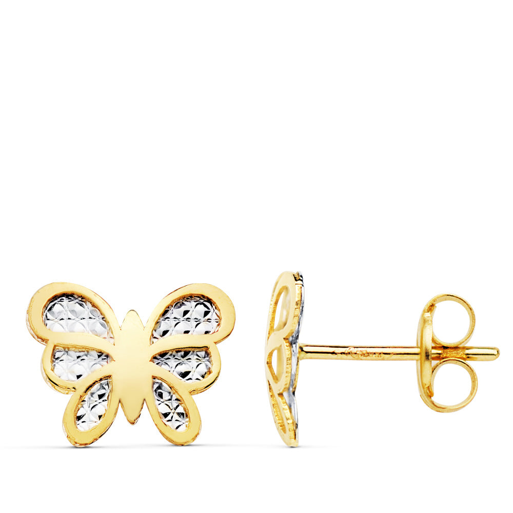 18K Bicolor Butterfly Earrings 10X8 mm Pressure Clasp