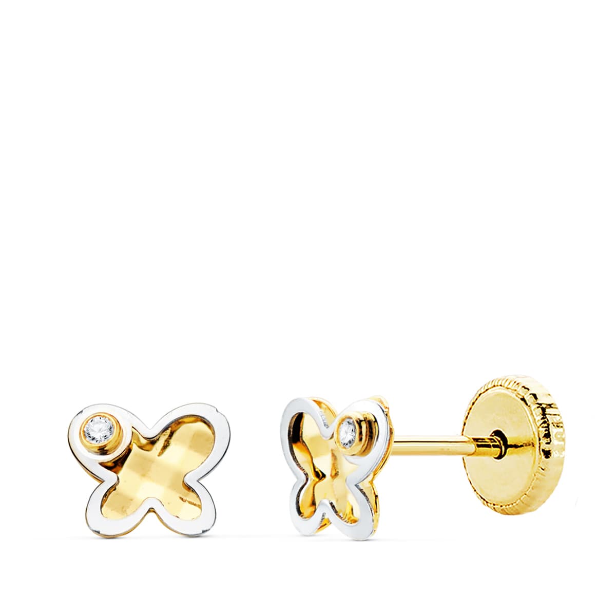 18K Butterfly Earrings Bicolor Gold Cubic Zirconia 5.5X4.5 mm