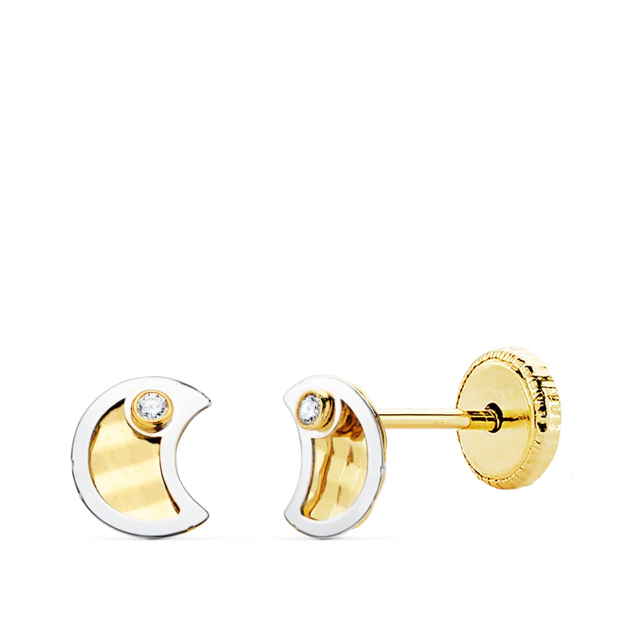 Boucles d'oreilles lune or bicolore 18K zircone 5.5X4.5 mm