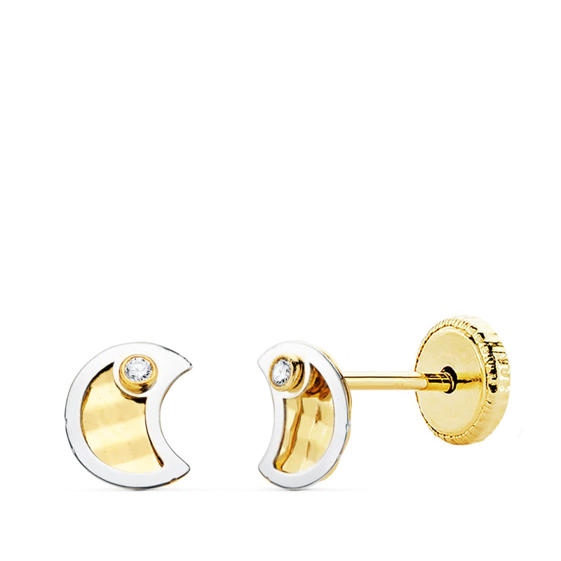 18K Bicolor Gold Moon Earrings Zirconia 5.5X4.5 mm