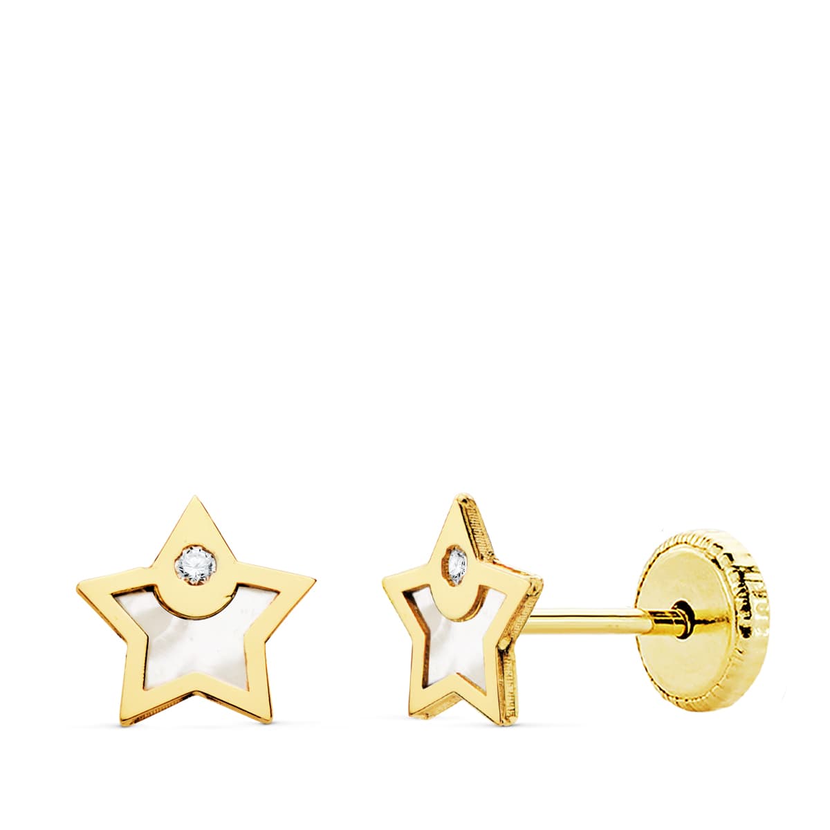 18K Yellow Gold Star Mother-of-Pearl and Zircon Earrings 6X6 mm