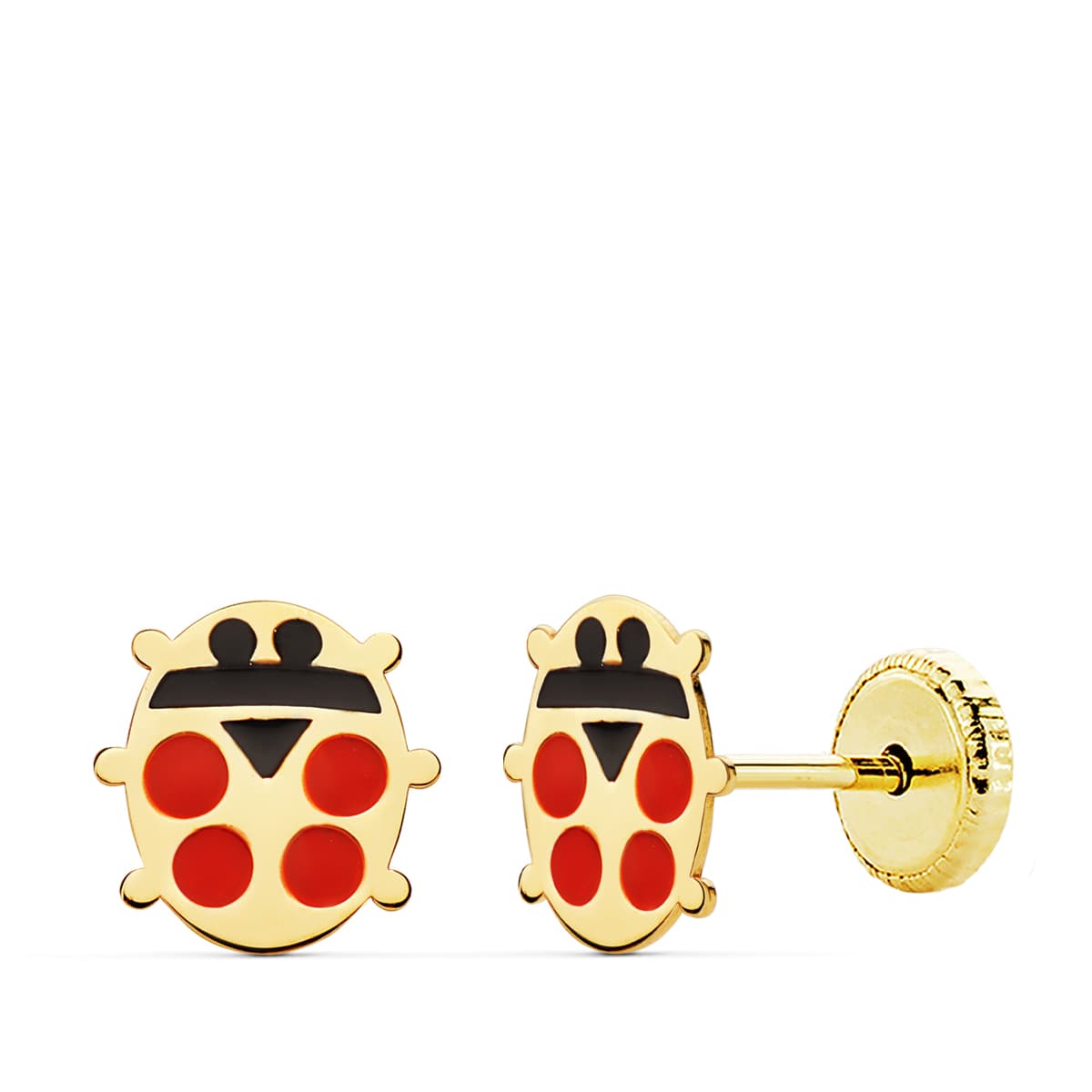 18K Yellow Gold Ladybug Enamel Earrings 8X8 mm