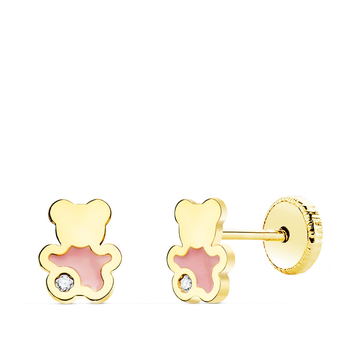 18K Yellow Gold Earrings Bear Pink Enamel 6X5 mm Screw Closure