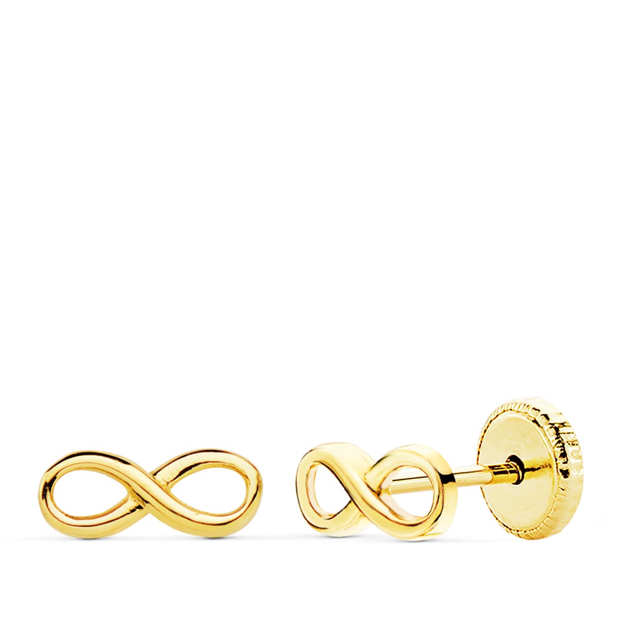 18K Yellow Gold Infinity Smooth Earrings. 8X3 mm Screw Closure