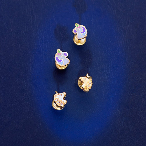 18K Yellow Gold Glitter Unicorn Earrings With Zircons Nut 7.5 X 6mm