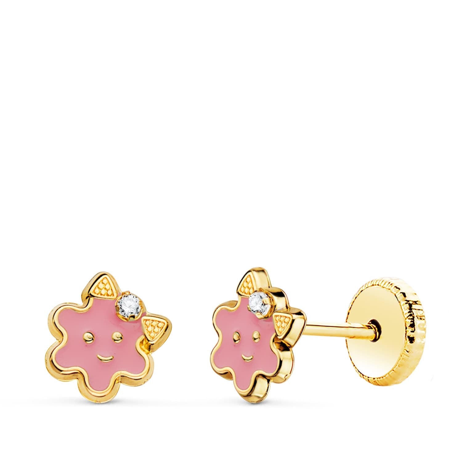 18K Yellow Gold Flower Earrings Pink Enamel Screw Back 6.5 x 6.5 mm