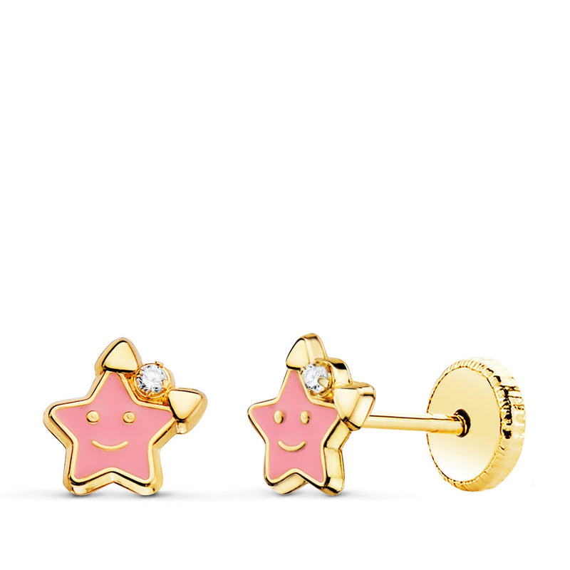 18K Yellow Gold Earrings Pink Enamel Star Nut Closure 6.5 X 6.5 mm