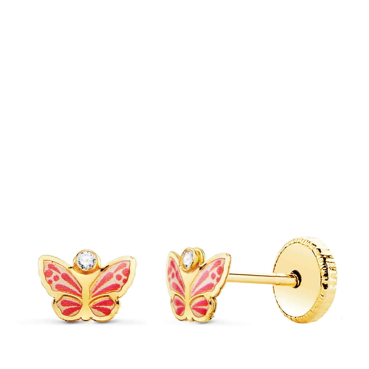 18K Yellow Gold Butterfly Earrings Enamel Cubic Zirconia Nut 6 x 4 mm