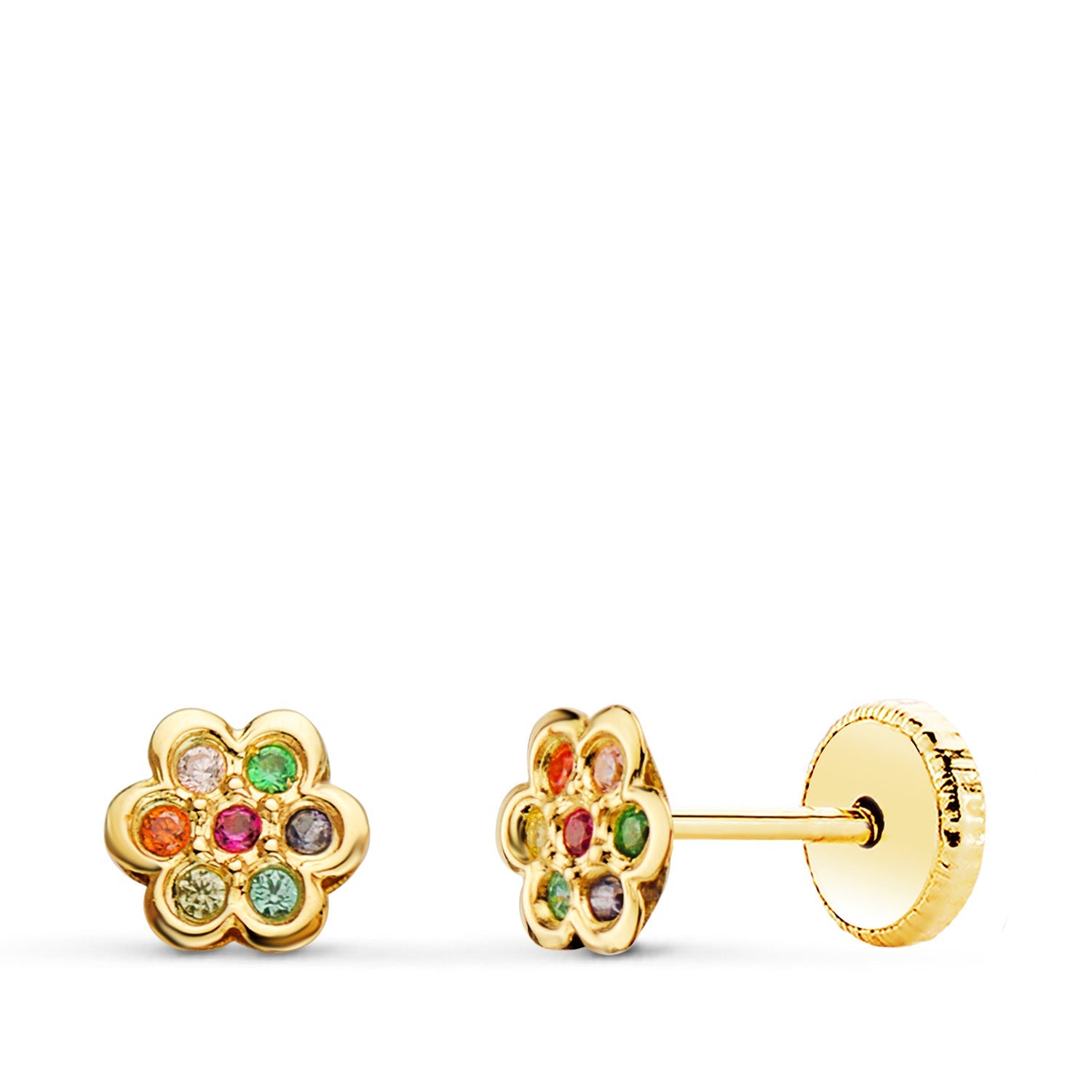 18K Yellow Gold Flower Earrings with Colored Zirconia 5x5 mm Screw Back Closure
