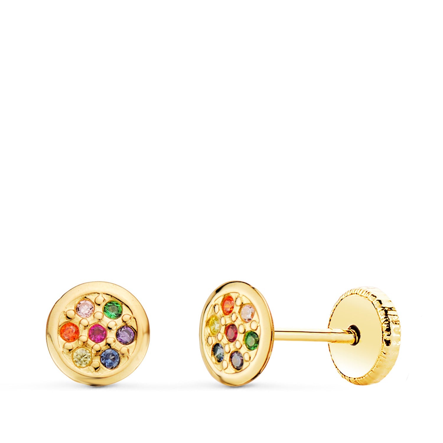 18K Yellow Gold Round Earrings With Colored Zirconia 5.5 mm Screw Back Closure