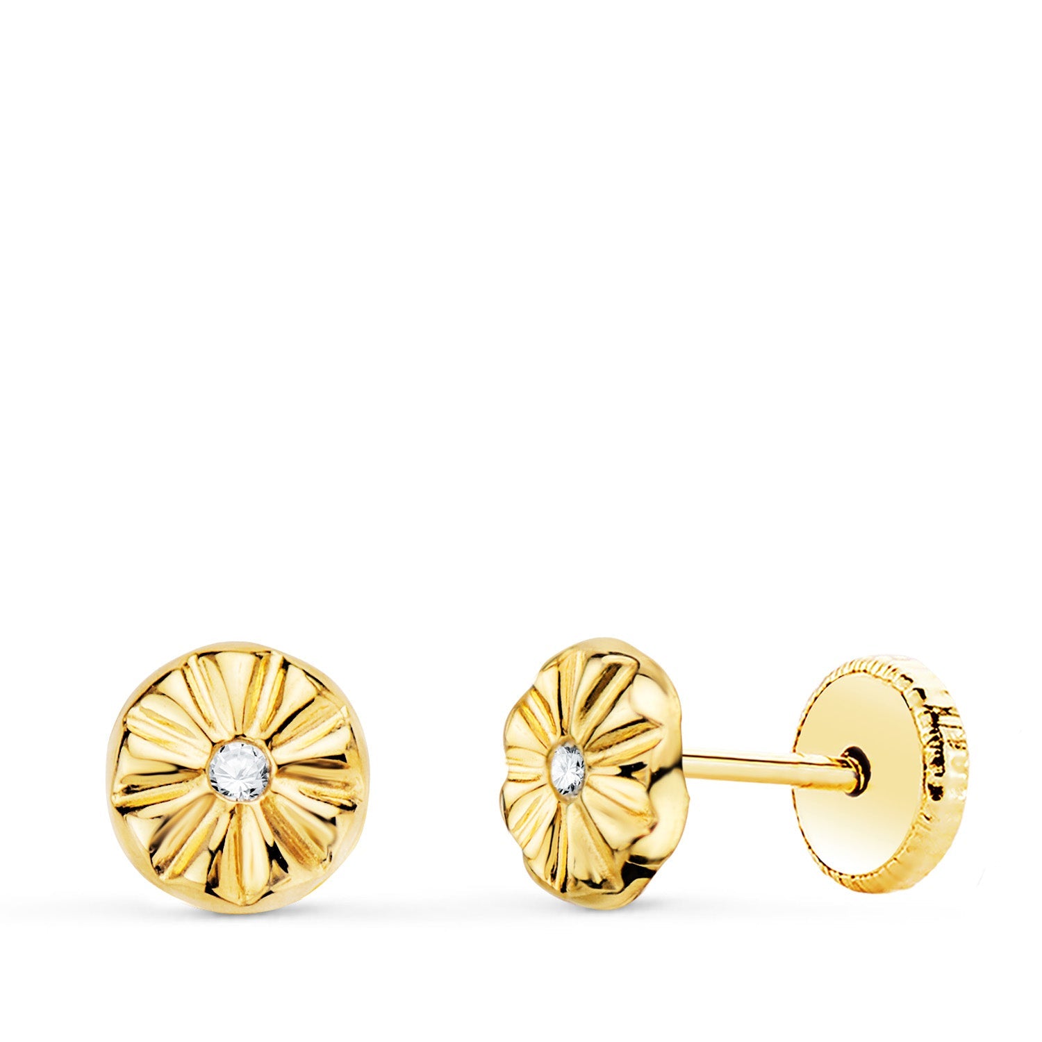 18K Yellow Gold Round Earrings with Cubic Zirconia 5 x 5 mm Screw Back Closure