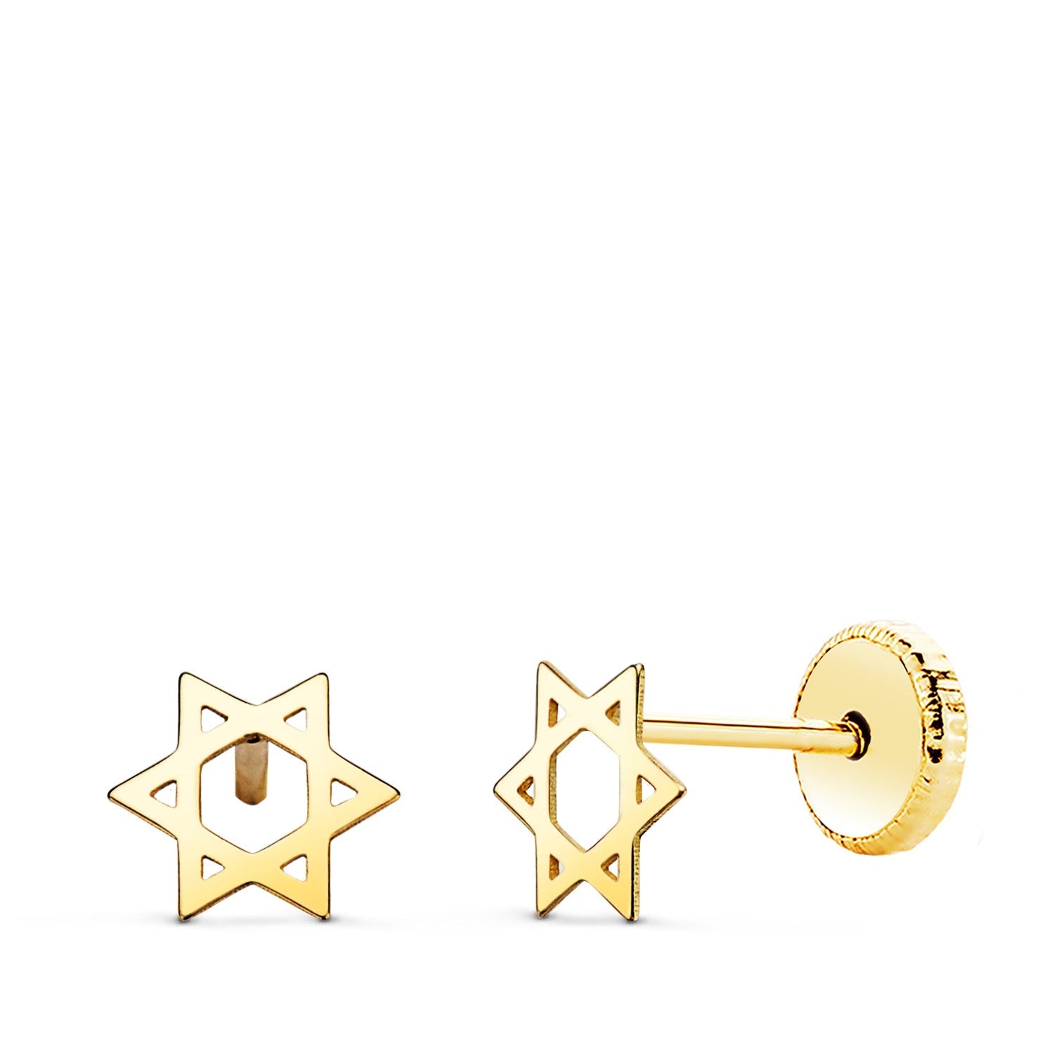 18K Yellow Gold Star of David Smooth Earrings. 6 x 5.5 mm Screw Back Closure