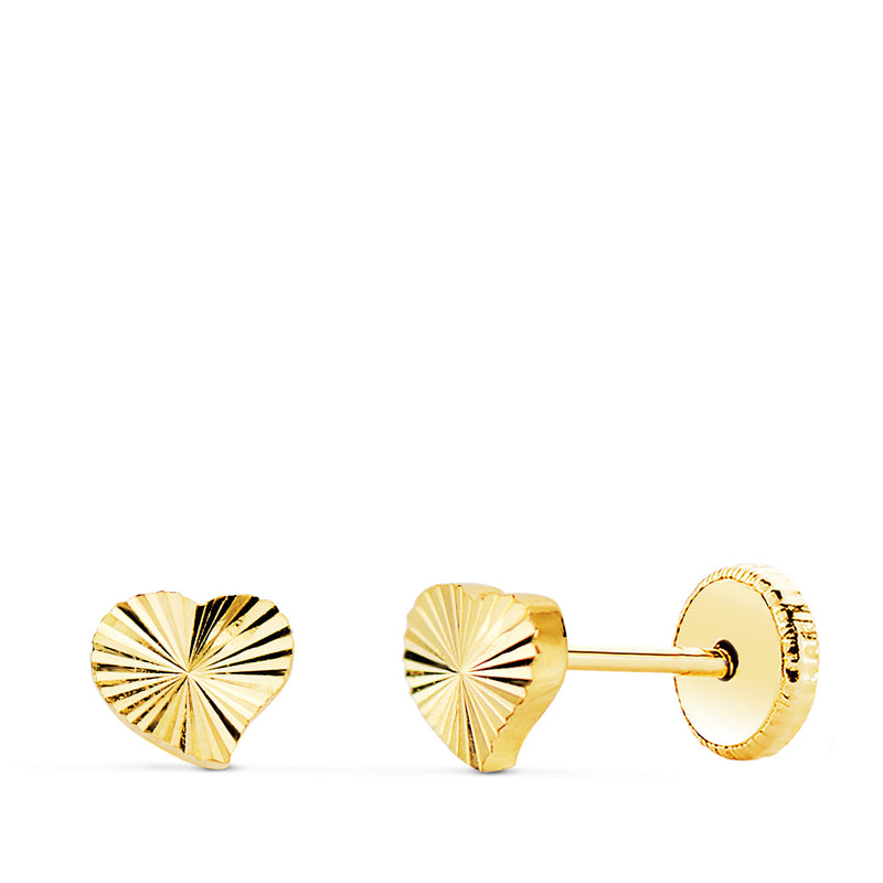 18K Yellow Gold Carved Heart Earrings. 5 x 4mm Lock Nut