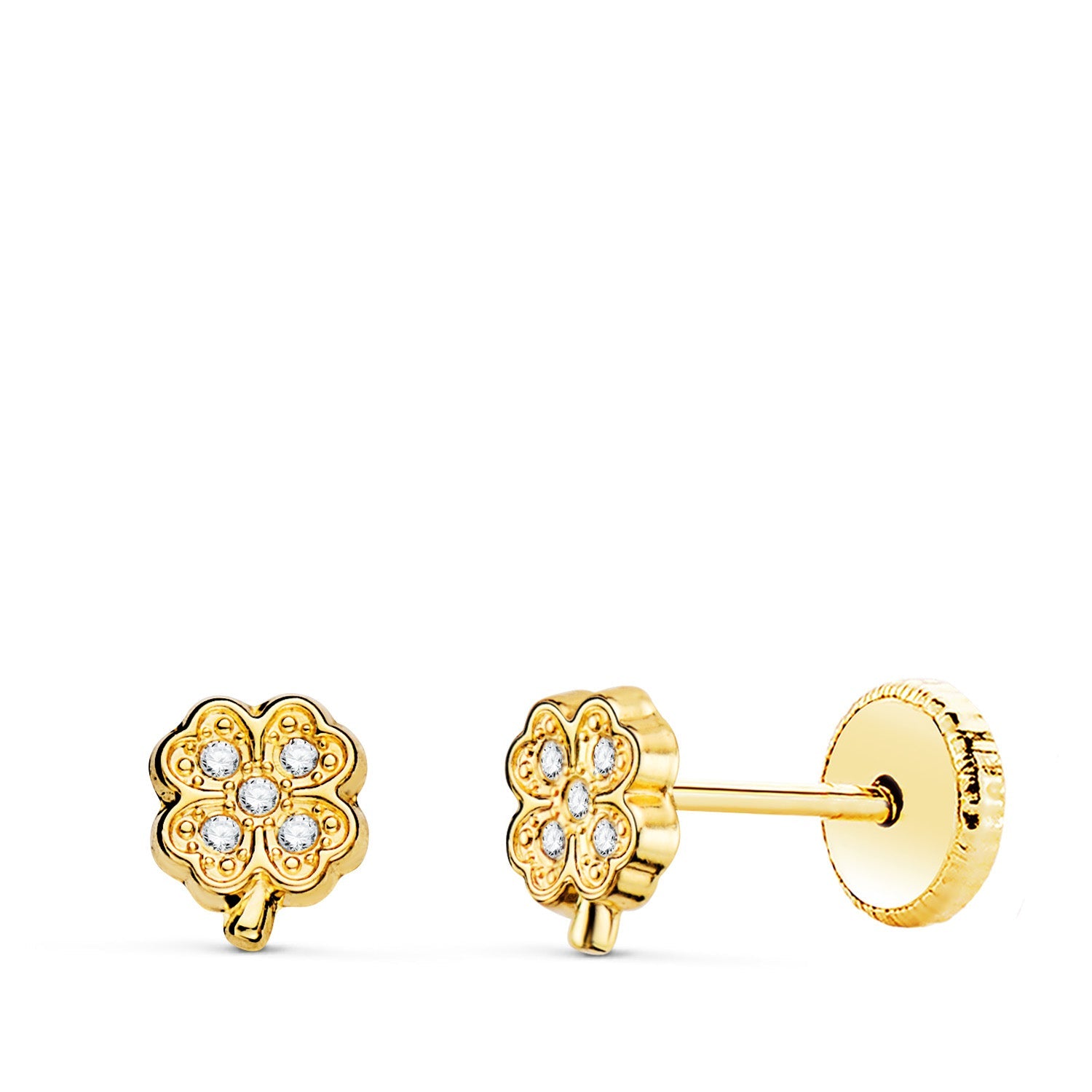 18K Yellow Gold Four-Leaf Clover Earrings with Zirconia. 5.5 x 4.5 mm Screw Back Closure