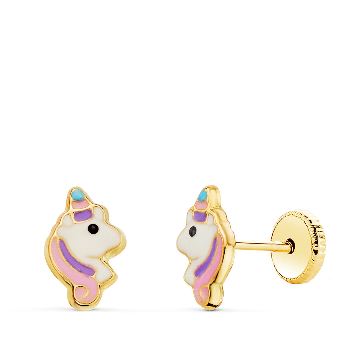Orecchini 18K Oro Giallo Unicorni Smaltati Chiusura a Dado 8 x 5 mm