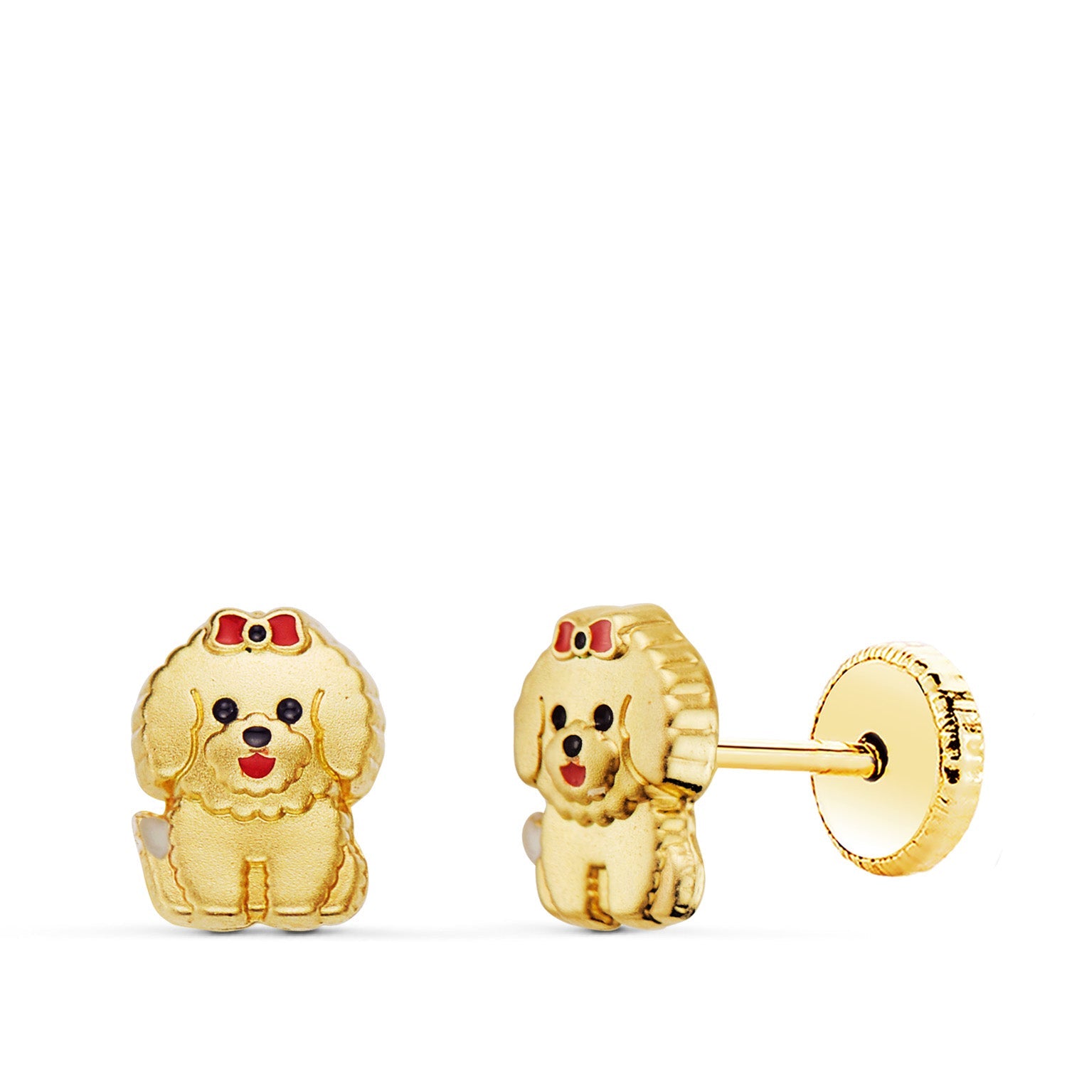 18K Yellow Gold Earrings Matte Dog Enamelled Details Screw Back 6 x 5 mm