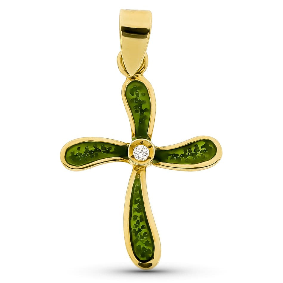 18K Yellow Gold Enamelled Cross Cubic Zirconia 21x15 mm