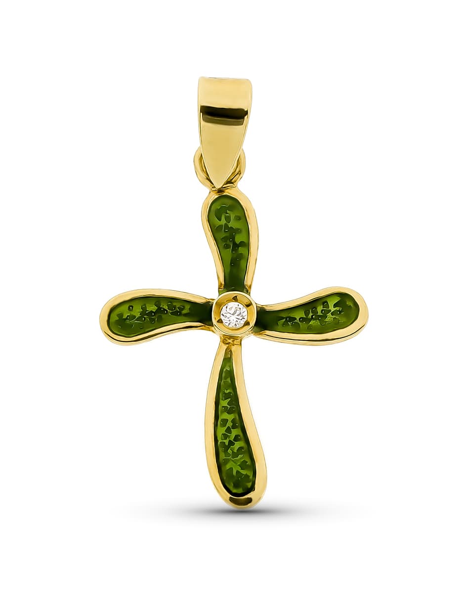 18K Yellow Gold Enamelled Cross Cubic Zirconia 21x15 mm
