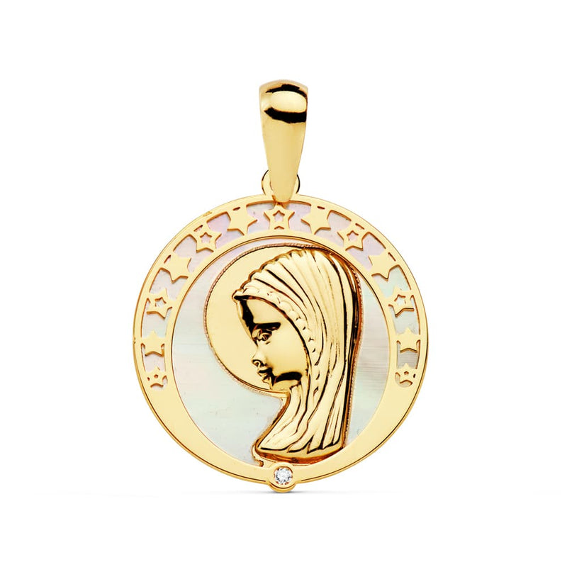 18K Medalla Virgen Niña Nacar Circonita 17 mm