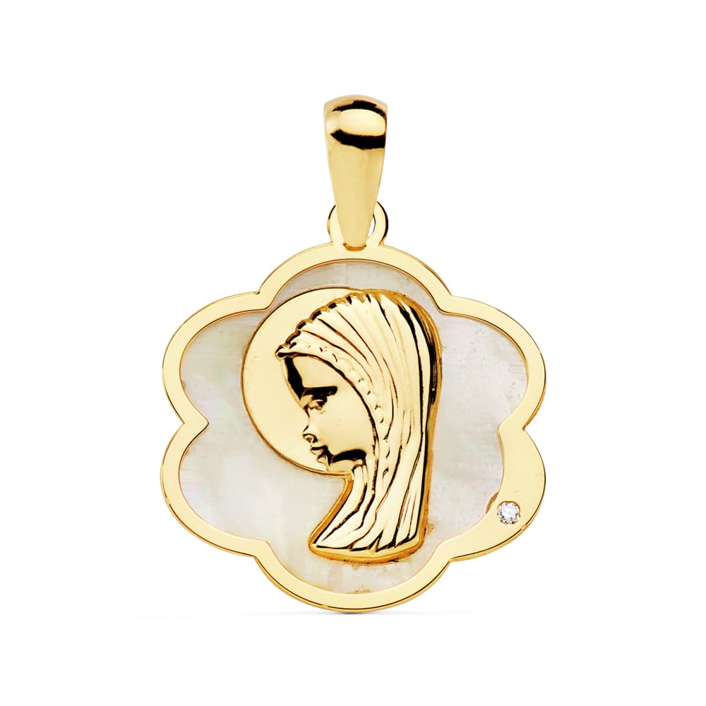 18K Yellow Gold Flower Medal with Virgin Girl Mother-of-Pearl 18x17 mm