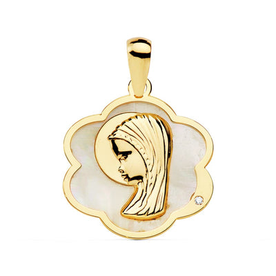 18K Medalla Oro Amarillo Flor Con Virgen Niña Nacar 18x17 mm