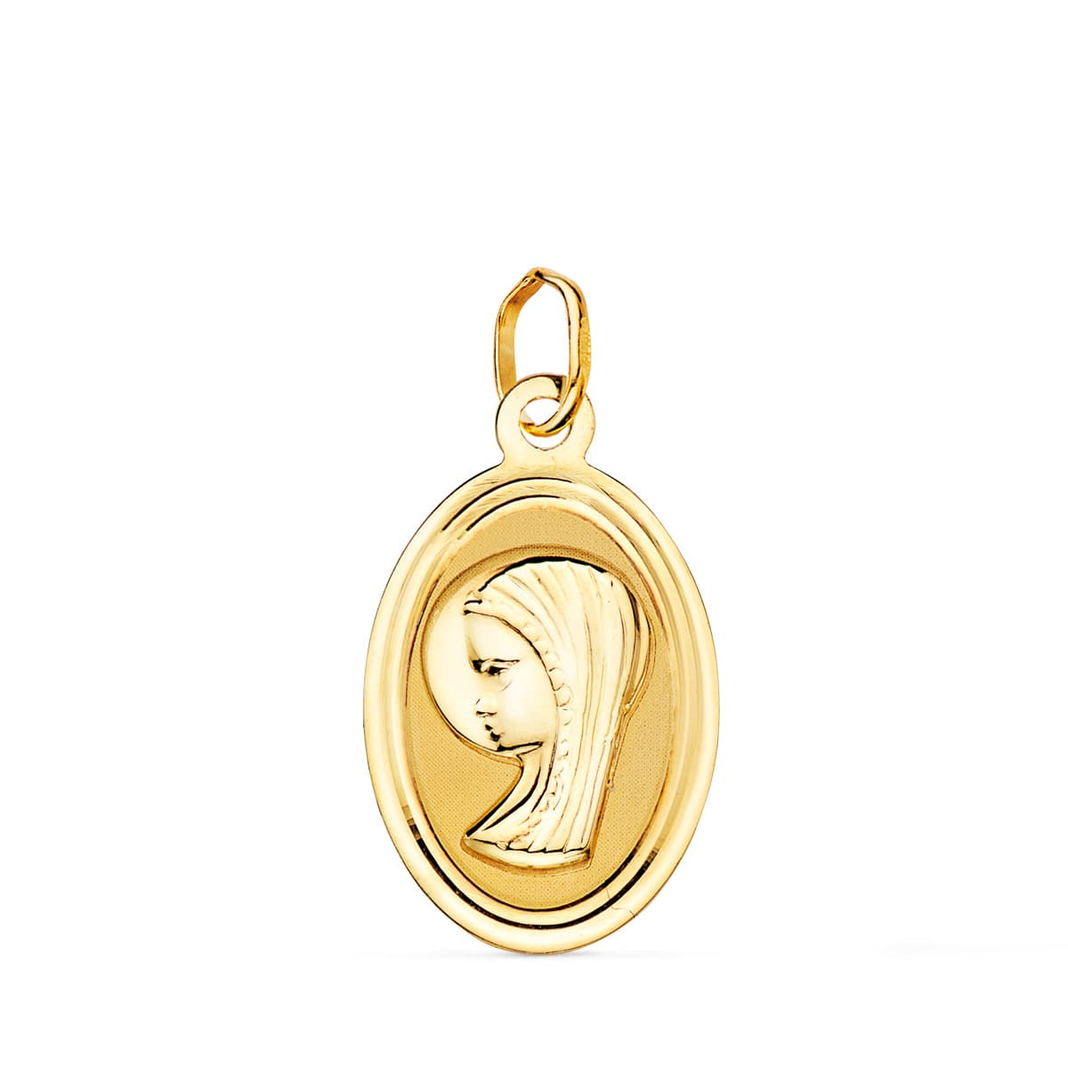 18K Yellow Gold Oval Medal Virgin Girl With Beveled Edge. 19x12 mm