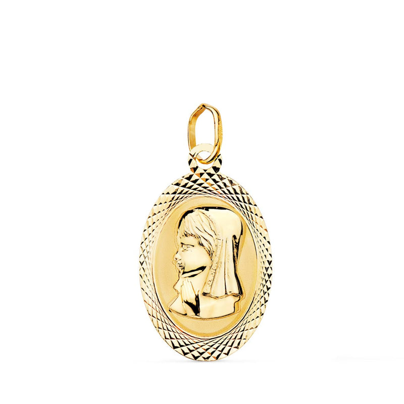18K Medalla Virgen Niña Oval Tallada Brillo Y Mate 18x12 mm