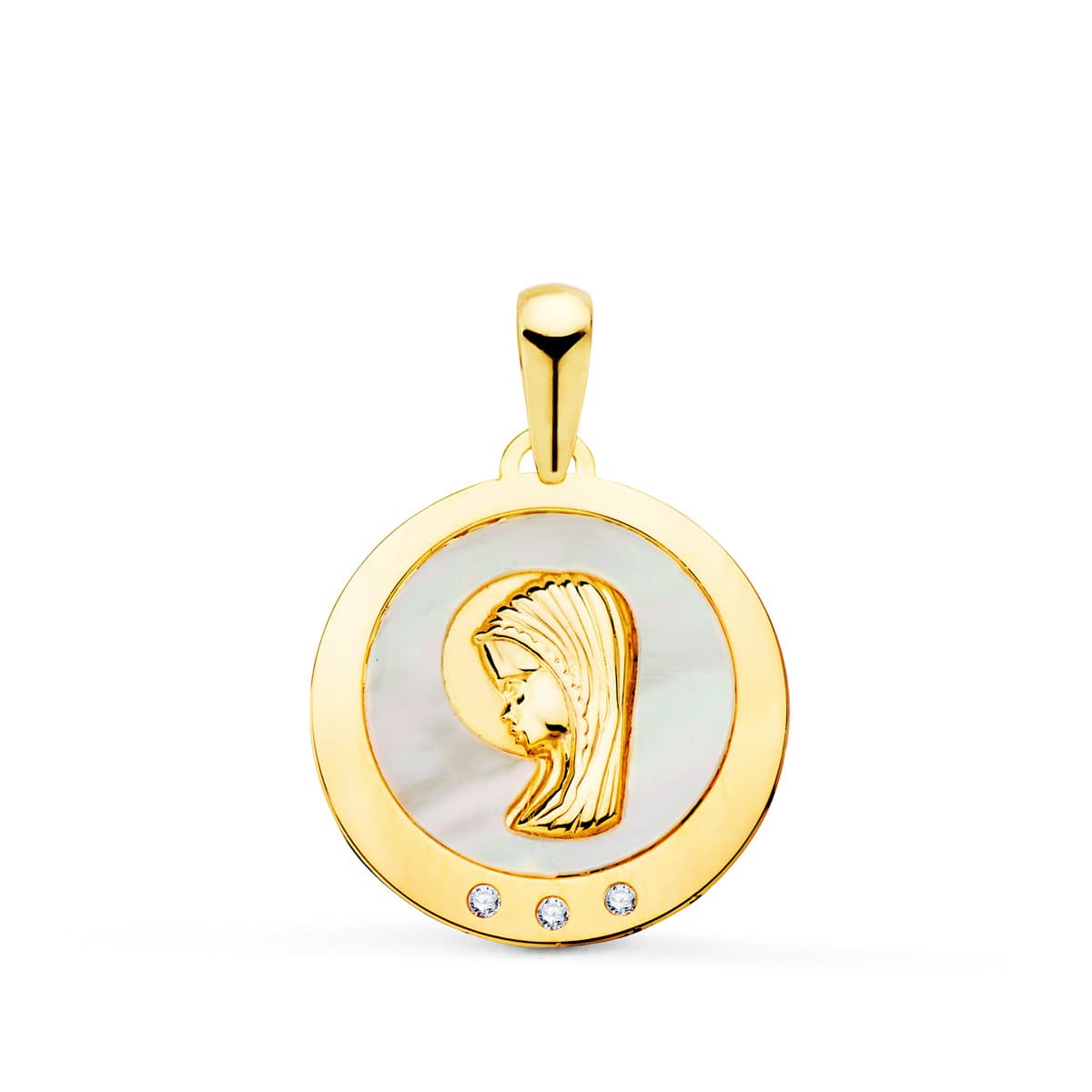 18K Medal Virgin Girl With Mother-of-Pearl And Zirconia 14 mm