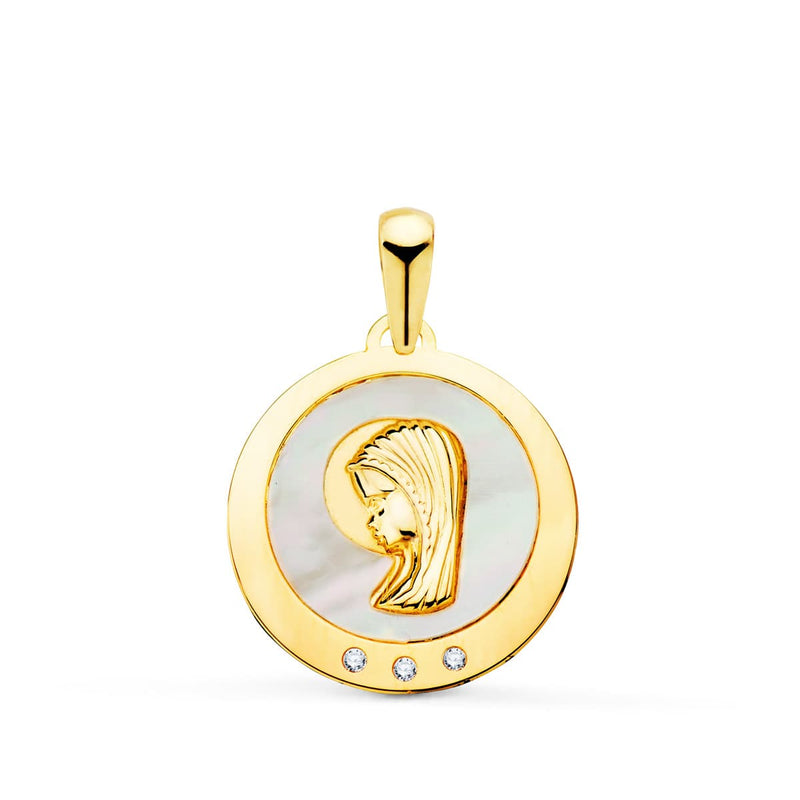 18K Virgin Girl Medal with Mother of Pearl and Zircons 14 mm