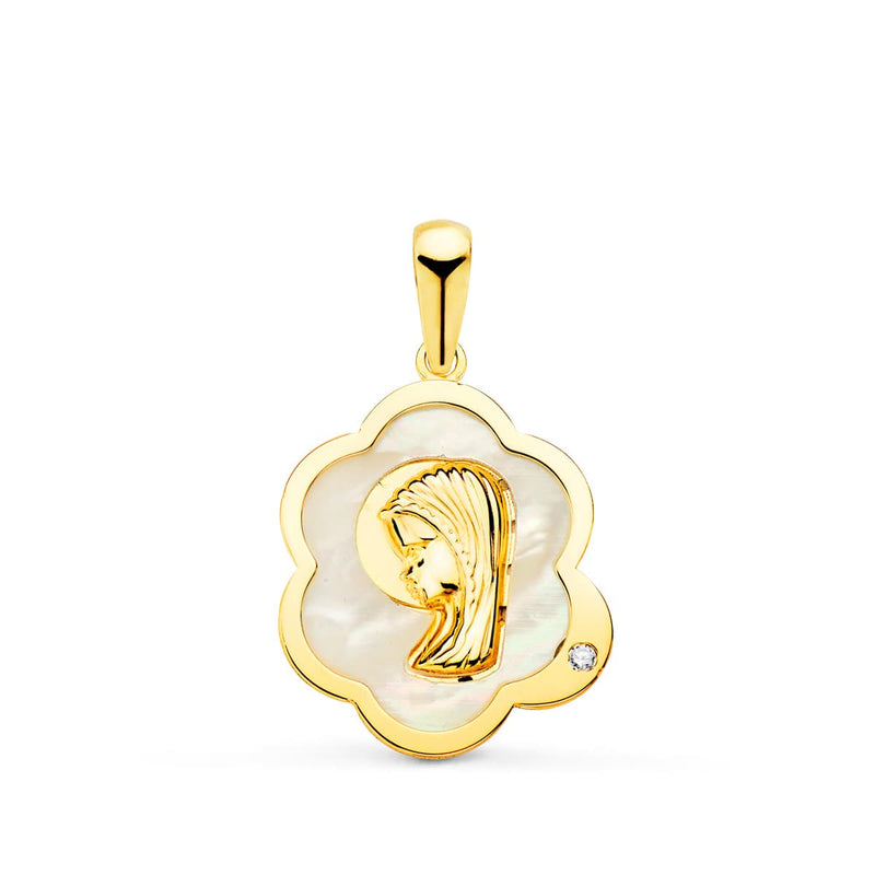 18K Medalla Virgen Niña Nube Con Nacar Y Circonita 15x12 mm